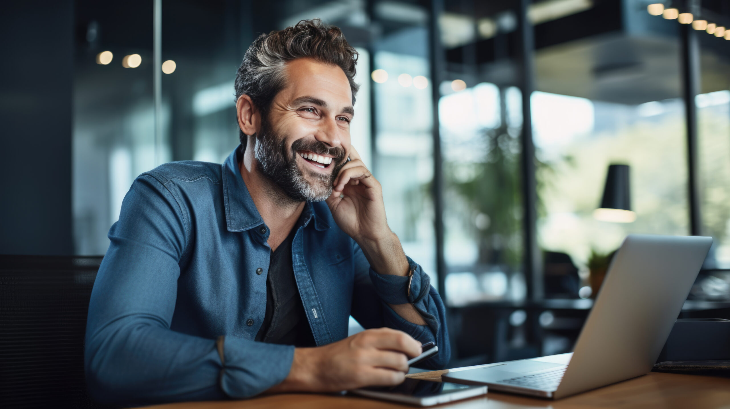 A man in a casual outfit works on a laptop in his office